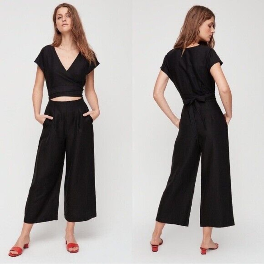 Aritzia Wilfred Brax Jumpsuit Cut out Wide Leg Romper Linen Black Size 6